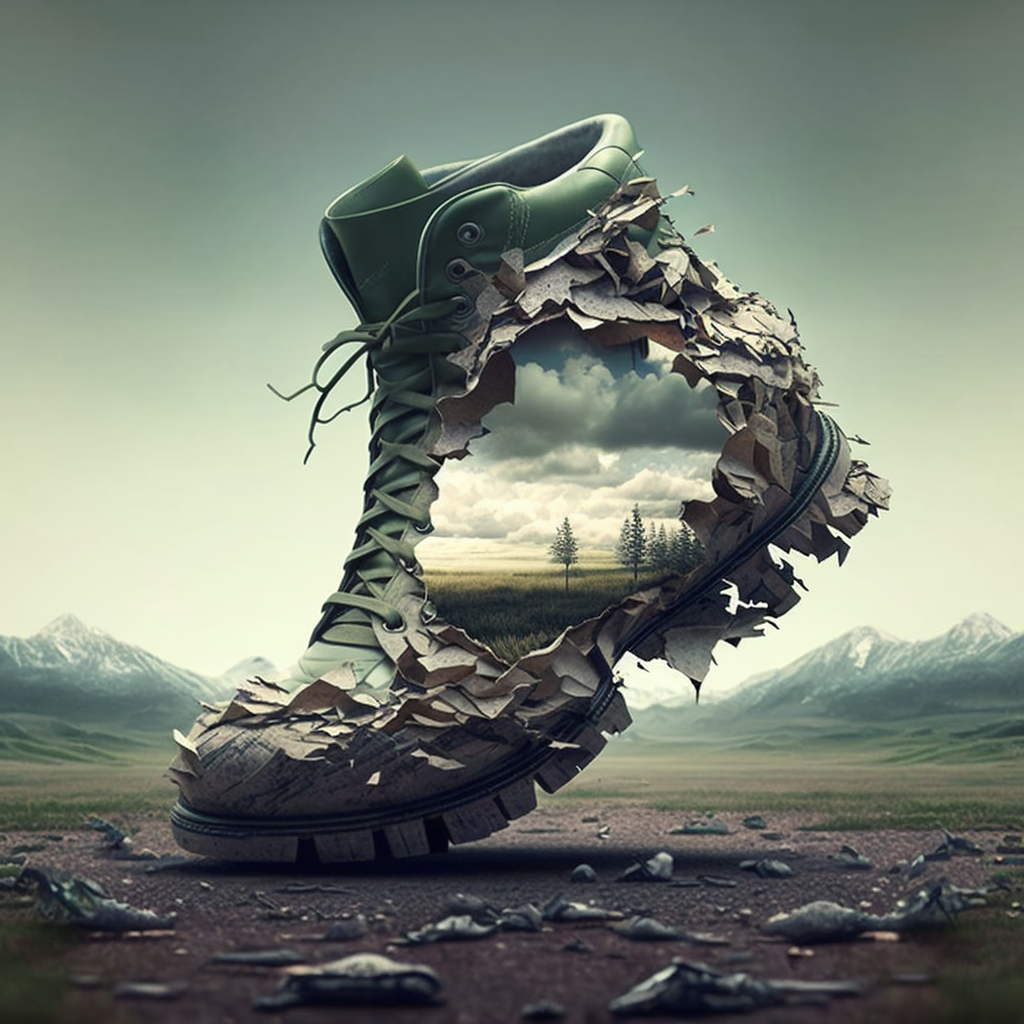 Carbon footprint represents by a shoe in a natural landscape